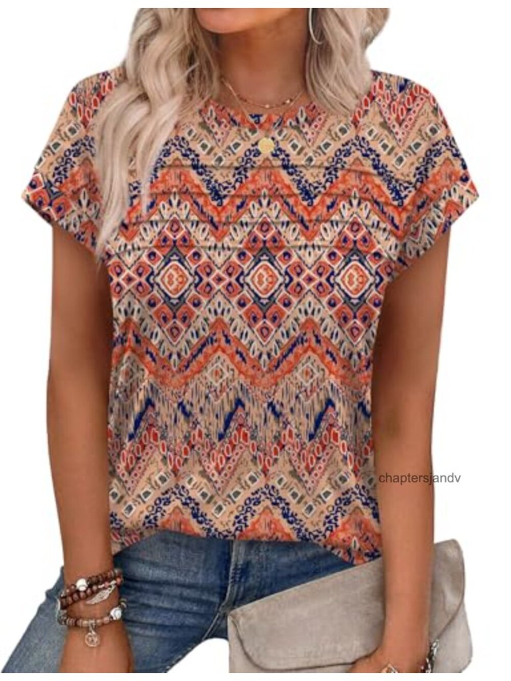 Women's Summer Cap Sleeve Tee with Pleated Front Crew Neck Floral Top